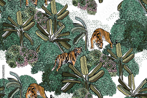 Canvas Print Tigers in Chinese Mountains with Palms Asian Jungles Primitivist Style, Hand Dra