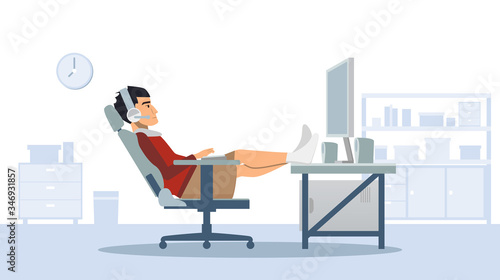 man sitting on gaming chair playing computer from home during corona virus pandemic quarantine in flat icon design