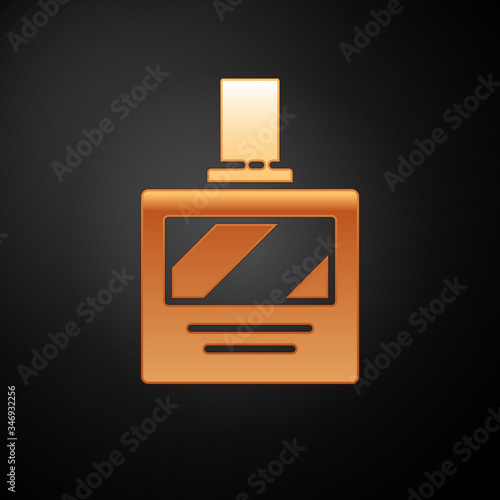 Gold Aftershave icon isolated on black background. Cologne spray icon. Male perfume bottle.  Vector Illustration