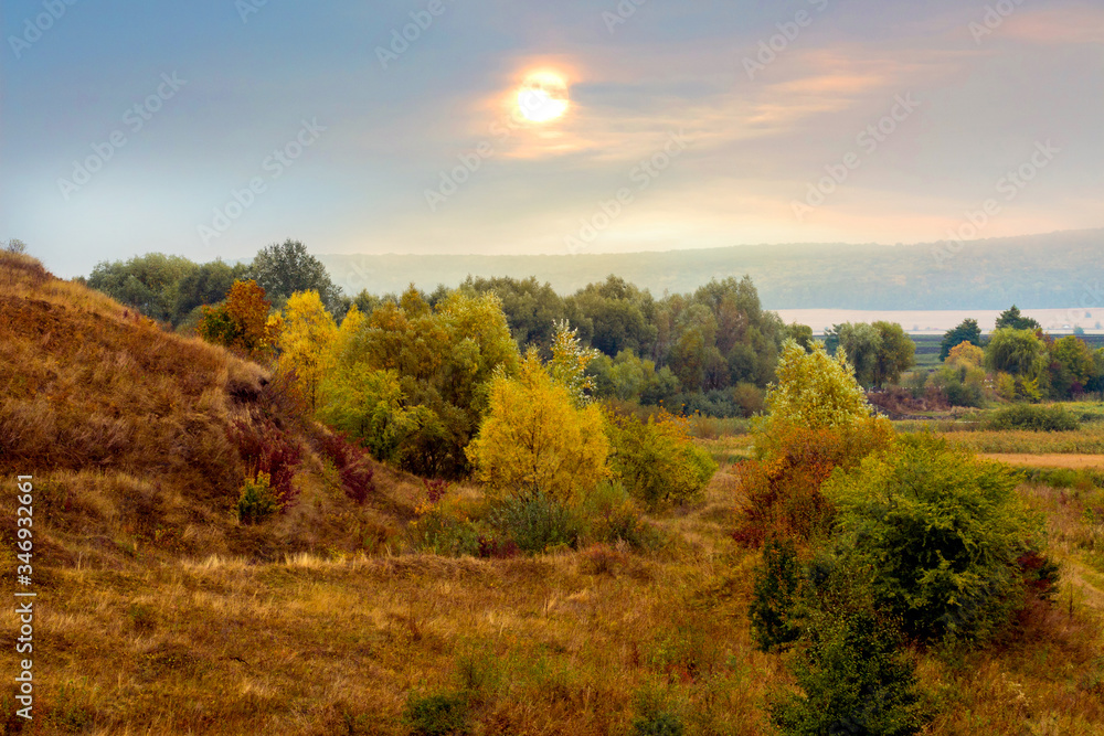 Picturesque autumn landscape with trees in the forest near the rocks