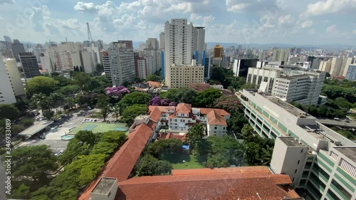 Sao Paulo, Brazil - may 7, 2020: Aerial view of the city with the Oswaldo Cruz hospital below in the foreground. One of the main medical establishment and health reference in country. photo