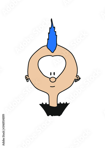 comic character with blue punk hairstyle. Wears earrings and a safety pin