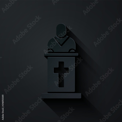 Paper cut Church pastor preaching icon isolated on black background. Paper art style. Vector Illustration