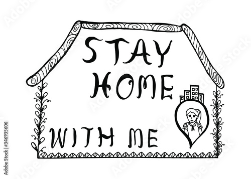 Draw hand logo at the slogan Stay home Covid-19 home with house inside. Prevention of campaigns or measures from coronavirus, COVID-19 at home. Message Coronavirus hashtag messages, COVID 19