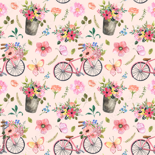 Watercolor summer wild flowers and bicycle seamless pattern. Cute botanical p...
