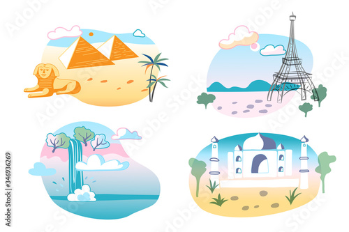 Tourist attractions flat vector illustrations set