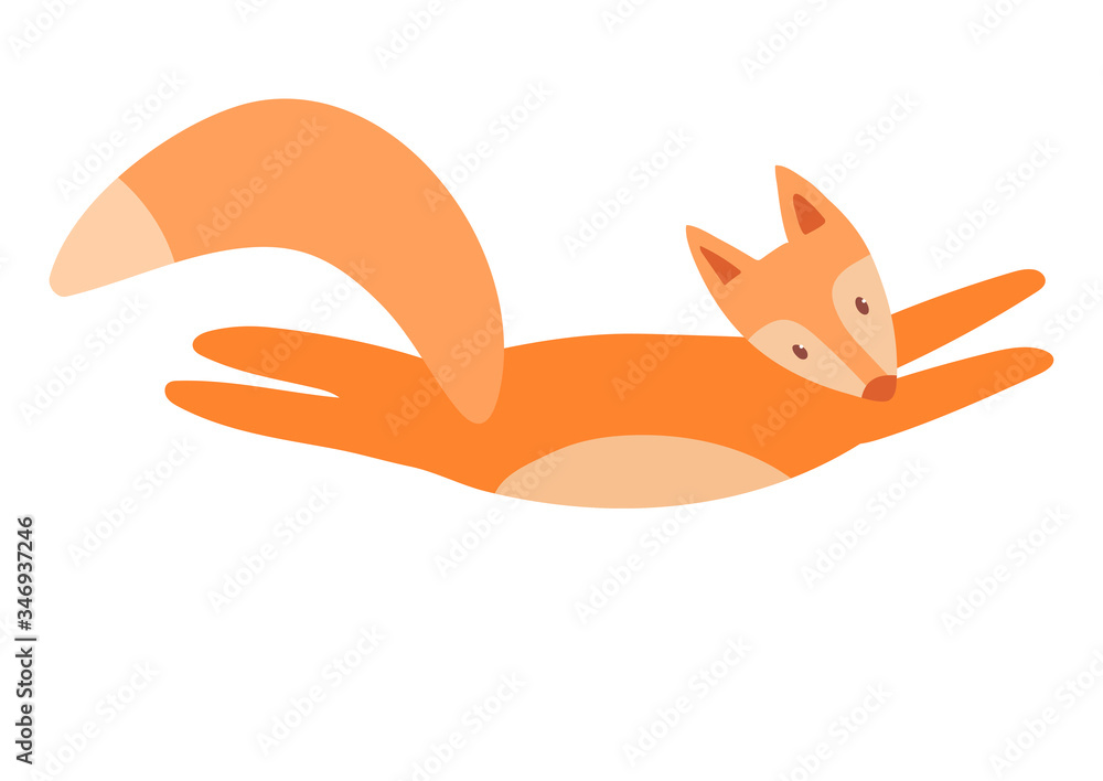 Little red fox jumps isolated on a white background. Cute print for the