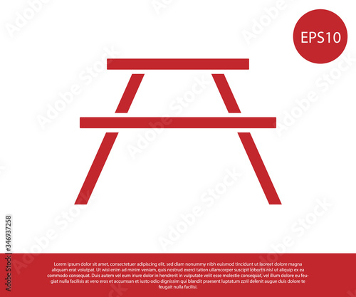 Red Picnic table with benches on either side of the table icon isolated on white background.  Vector Illustration