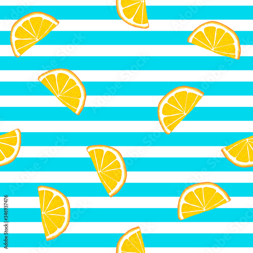 Orange slices on striped blue and white background. Vector seamless pattern. Simple minimalist design.