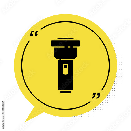 Black Flashlight icon isolated on white background. Yellow speech bubble symbol. Vector Illustration