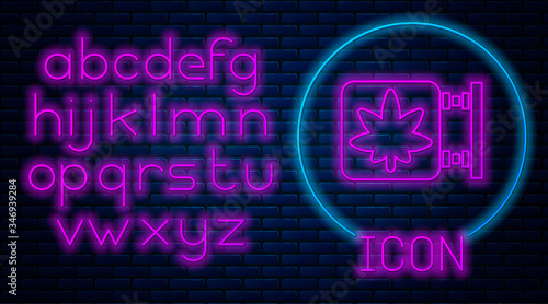 Glowing neon Marijuana and cannabis store icon isolated on brick wall background. Equipment and accessories for smoking, storing medical cannabis. Neon light alphabet. Vector Illustration