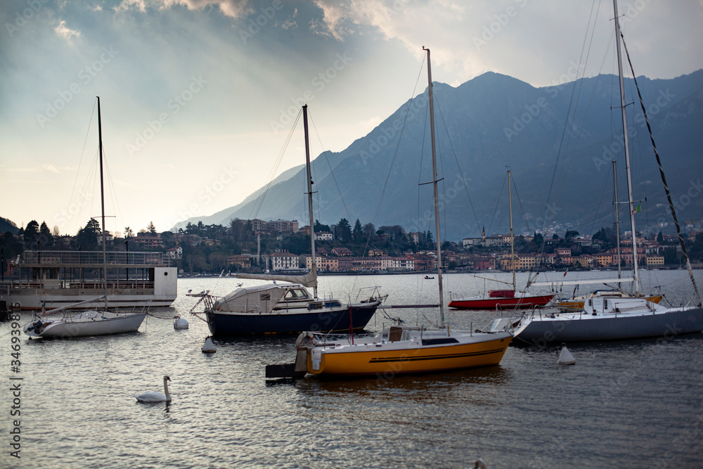 Fototapeta premium View of boats on Lecco Lake´s bay with one swan. Lecco City, Lombardy, Italy.
