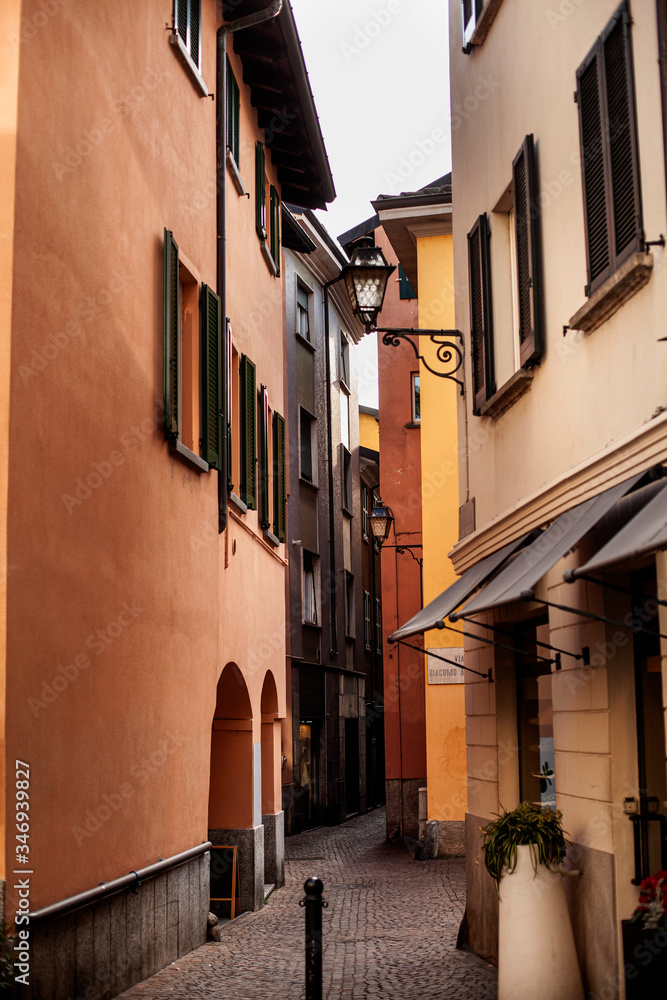 Narrow street of Downtown Lecco, Lombardy, Italy.