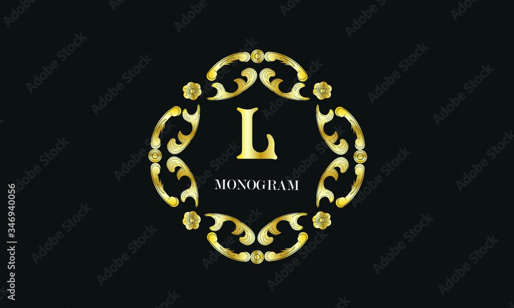 Vintage floral monogram with the letter L. Exquisite gold three-dimensional logo. Luxury frame for business sign, label, boutique brand, hotel, restaurant, heraldry.