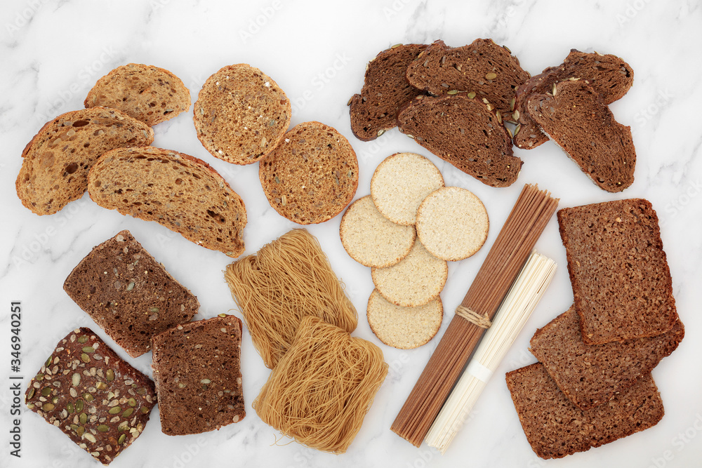 Low glycemic food for a diabetic diet with bread, pasta, oatmeal