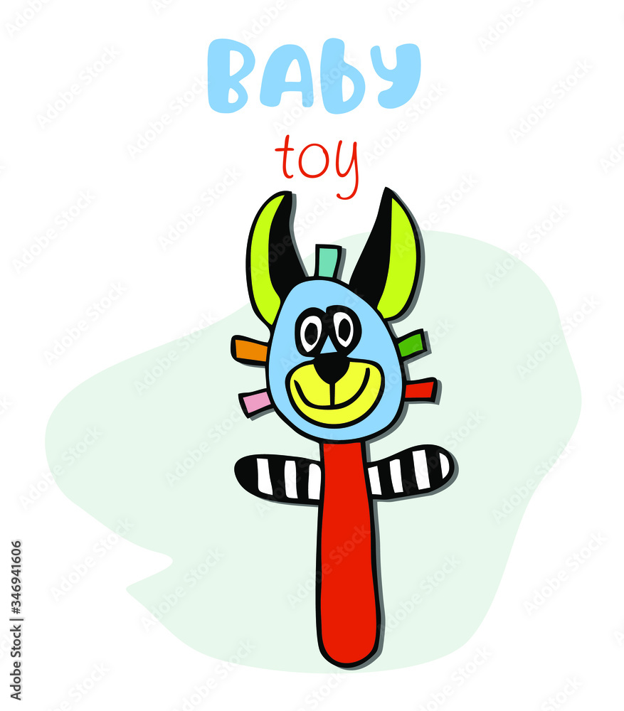 Soft, children's toy bright, multi-colored zebra burro, rattle rodent, isolated vector on a transparent background. 