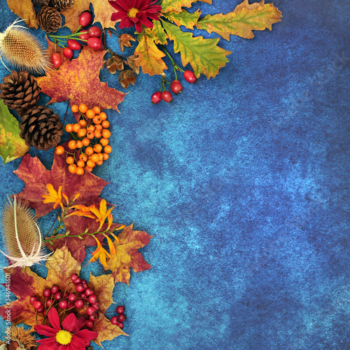 Autumn background border with food, flora and fauna on mottled blue background. Harvest festival theme top view.