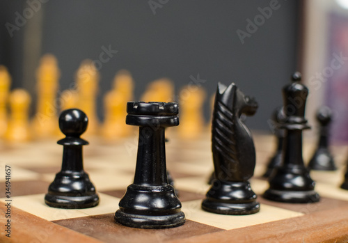 chess pieces. highlighted tower, knight and pawn. black chess pieces.