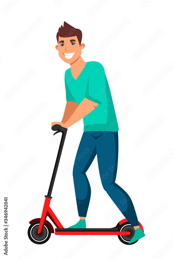 Vector character illustration of man rides an electric kick scooter Vector character illustration of man rides an electric kick scooter
