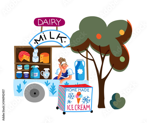 Vector character woman seller dairy milk product