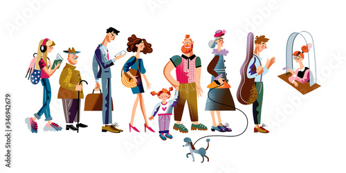 Vector characters men and women queue clerk window