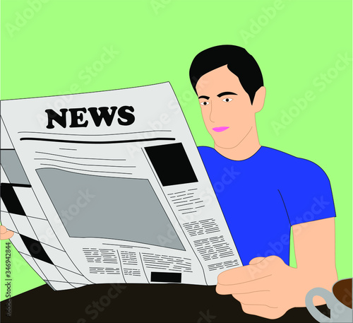 Hombre sentado leyendo las noticias en el periódico con una taza de café, sobre un fondo verde claro