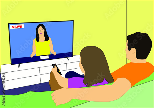 Ilustración de una pareja, sentada en el sofá de su casa, descansando y viendo las noticias en televisión

