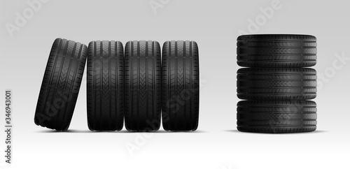 Car wheels set. New tires pile isolated on white. Wheel car, Car tire, Aluminum wheels isolated on white background. Group of tires.