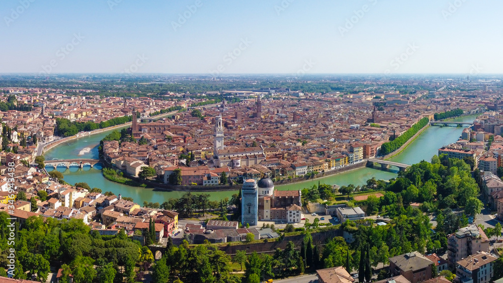panoramic view of the city Verona from drone, Veneto, italy
