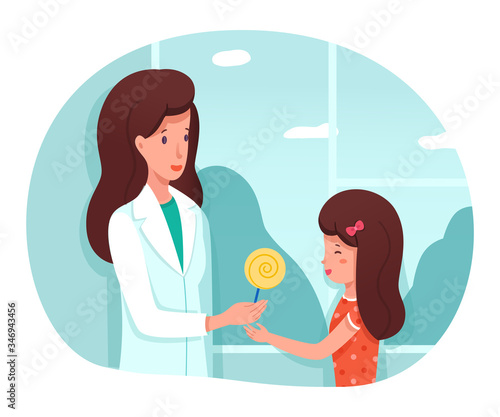 Vector character illustration of kids in clinic concept. Nurse or doctor gives lollipop to child. Girl receives candy reward after medical procedures. Pediatrician and little patient, medical service.