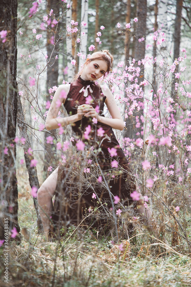 A girl dressed in Japanese style in a flowering forest among pink flowers A girl dressed in Japanese style in a flowering forest among pink flowers