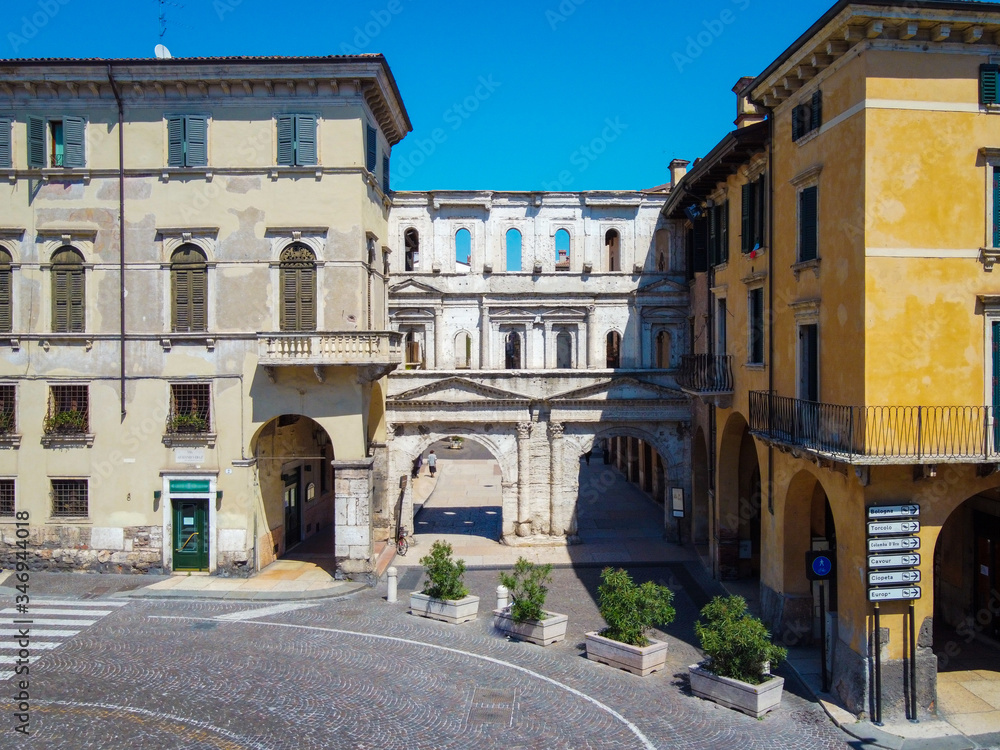 Porta Borsari is an ancient Roman gate in Verona, northern Italy, Verona City, aereal