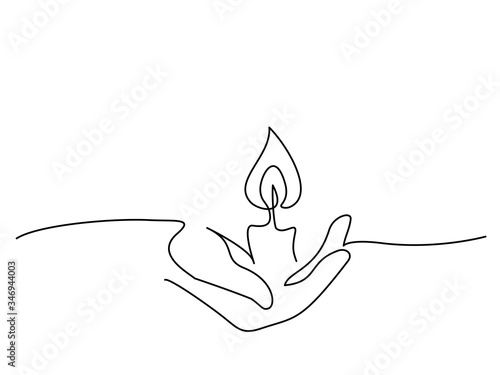 Continuous one line drawing. Hand holding burning candle