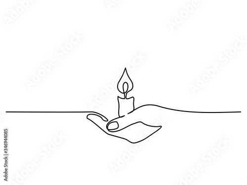 Continuous one line drawing. Hand holding burning candle photo