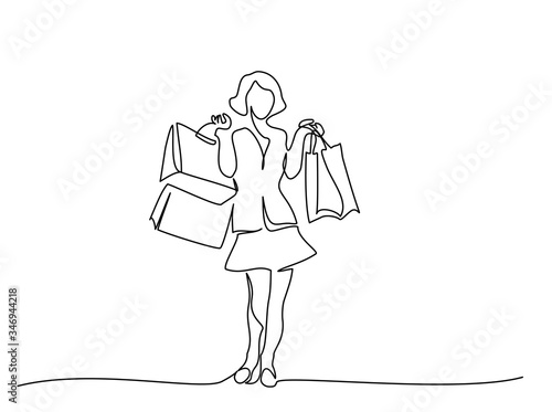Happy young woman with shopping bags one line drawing