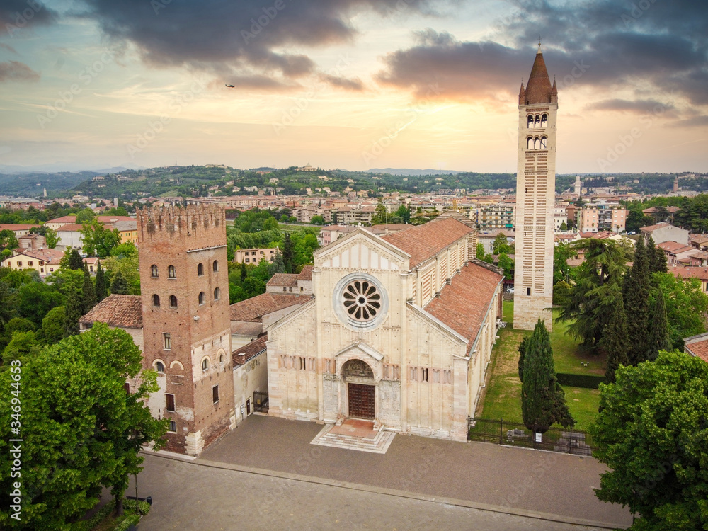 San Zeno, Cathedral, Verona, Sunset, Aerial View, Italy, Europe, Verona City