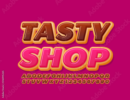 Vector bright logo Tasty Shop. Chocolate Cake Font. Sweet Donut Alphabet Letters and Numbers