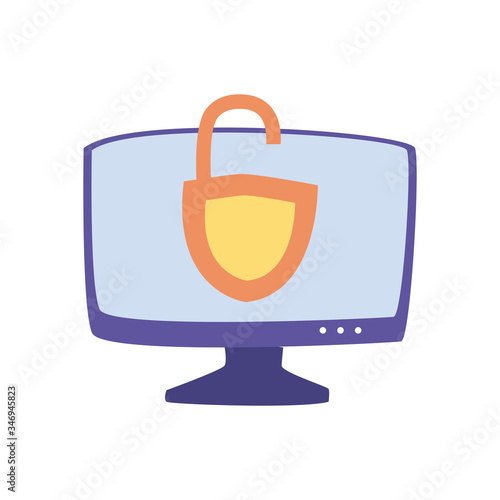 Computer with padlock flat style icon vector design