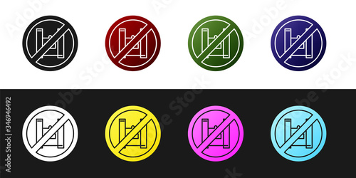 Set Say no to plastic bags poster icon isolated on black and white background. Disposable cellophane and polythene package prohibition sign.  Vector Illustration