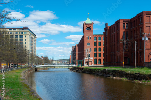 Historic Pacific Mills by the Merrimack River Canal in downtown Lawrence, Massachusetts MA, USA.  photo
