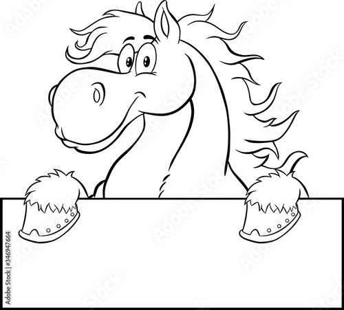 Black And White Horse Cartoon Character Over A Sign. Vector Illustration Isolated On White Background
