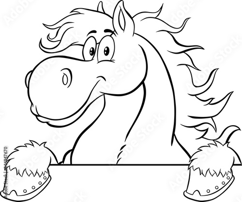Black And White Horse Cartoon Character Over A Blank Sign. Vector Illustration Isolated On White Background