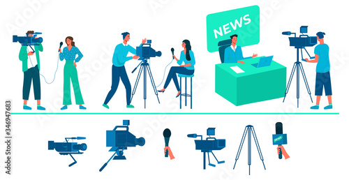 Collection of journalists, TV operators and equipment for television networks.