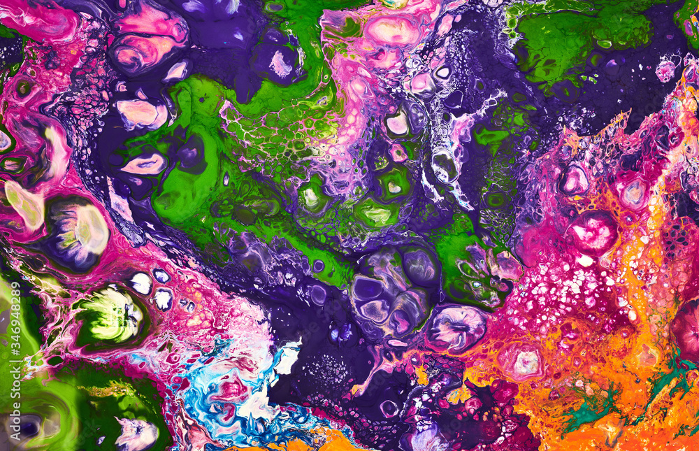 Naklejka premium Fluid Art. Abstract colorful background, wallpaper. Mixing paints. Modern art. Marble texture. Spellbinding abstract cosmic landscape..