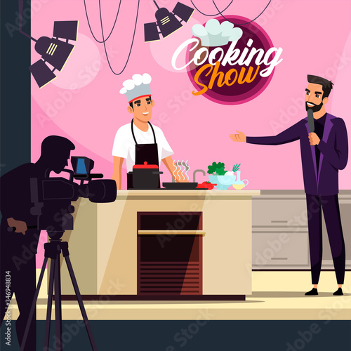 TV cooking show broadcasting food preparation