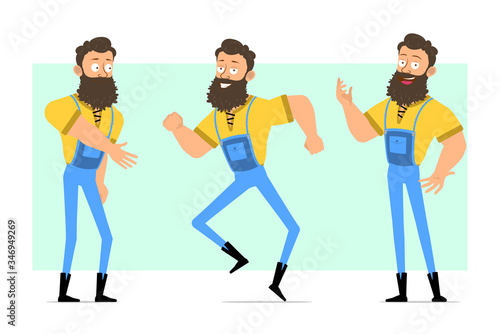 Cartoon flat funny strong muscular bearded lumberjack in blue jeans. Ready for animation. Man shaking hands and dancing. Isolated on green background. Vector icon set.