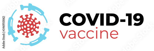 Covid-19 vaccine or cure logo concept with syringes about time when coronavirus 2019-nCoV is defeated, medical victory over corona virus. Flat vector illustration for headers, posters, flyers.