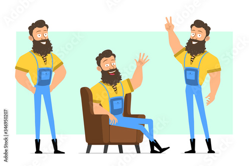 Cartoon flat funny strong muscular bearded lumberjack in blue jeans. Ready for animation. Man resting on sofa and showing peace sign. Isolated on green background. Vector icon set.