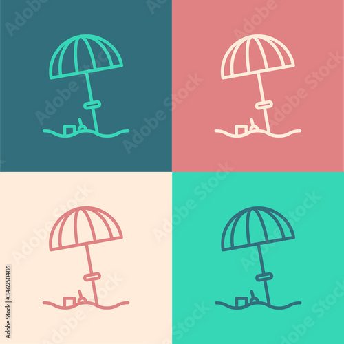 Pop art line Sun protective umbrella for beach icon isolated on color background. Large parasol for outdoor space. Beach umbrella.  Vector Illustration