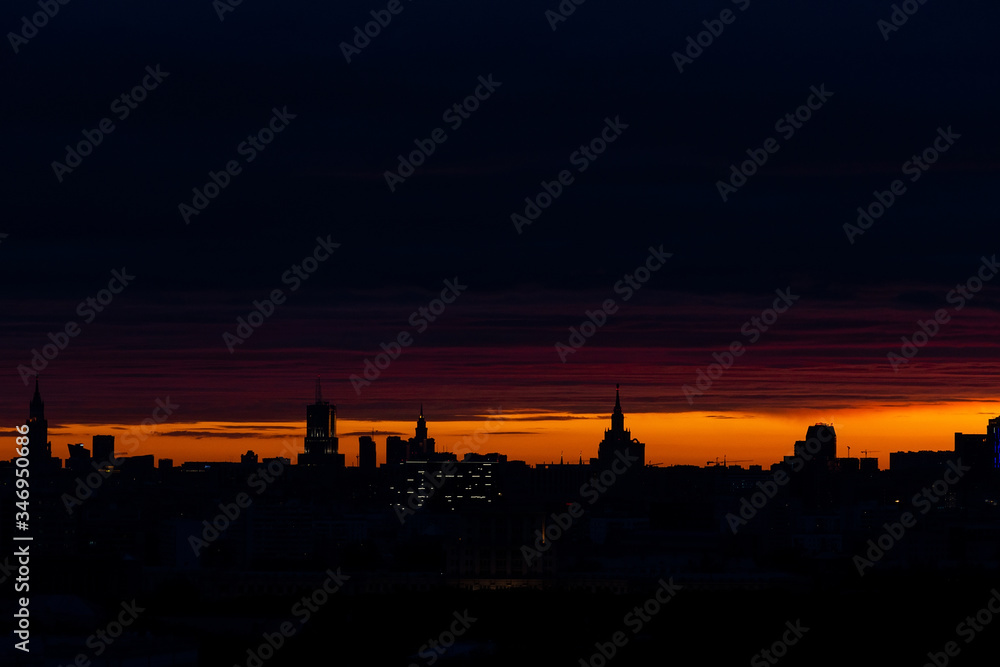 silhouette of Moscow at sunset.